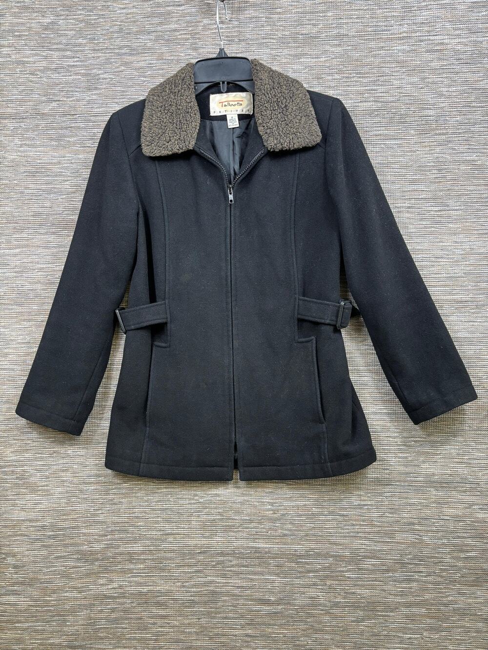 Talbots Coat Womens Petite P Black Wool Zip Berber Collar Lined Pockets